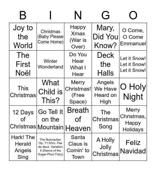 Christmas Songs Bingo Card