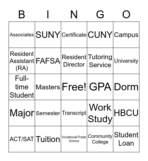 College Jargon Bingo Card