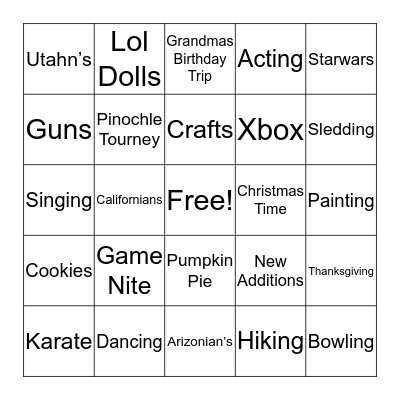 Family Bingo 2019 Bingo Card