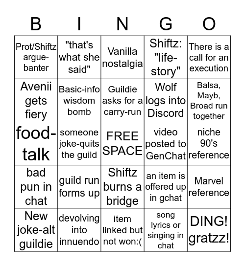 DC Guild Chat Bingo Card