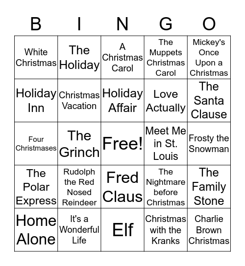 Christmas Movie Bingo Card