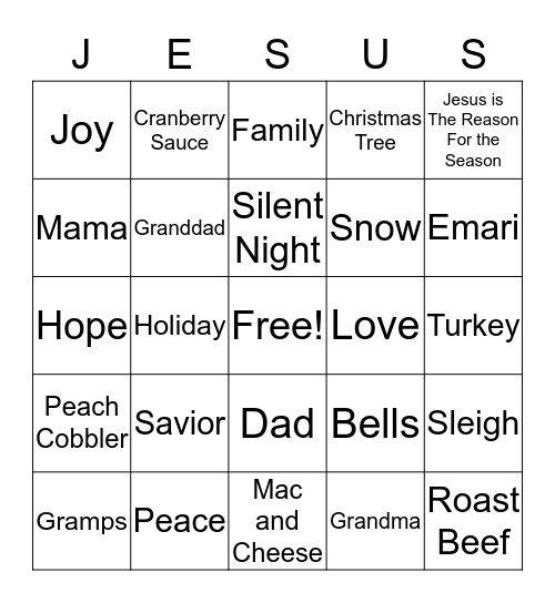 Family Christmas Bingo Card