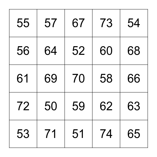 Numbers Bingo Card