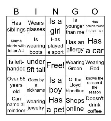 Christmas Family Bingo Card