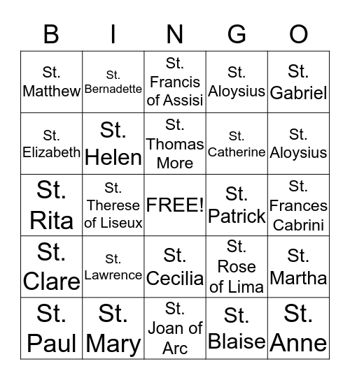 Saints Bingo Card