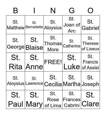 Saints Bingo Card