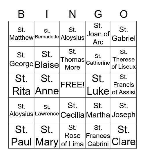 Saints Bingo Card