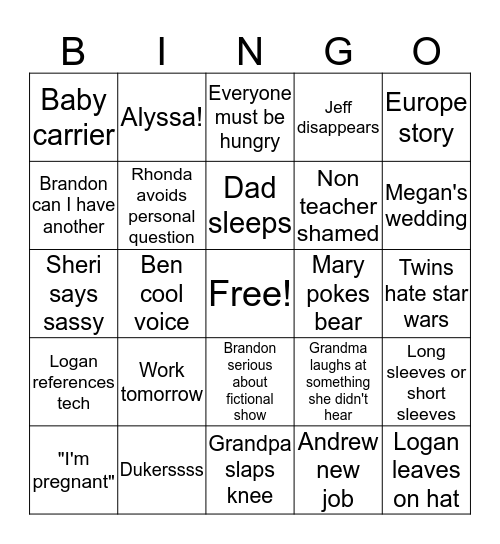 Family Bingo Card