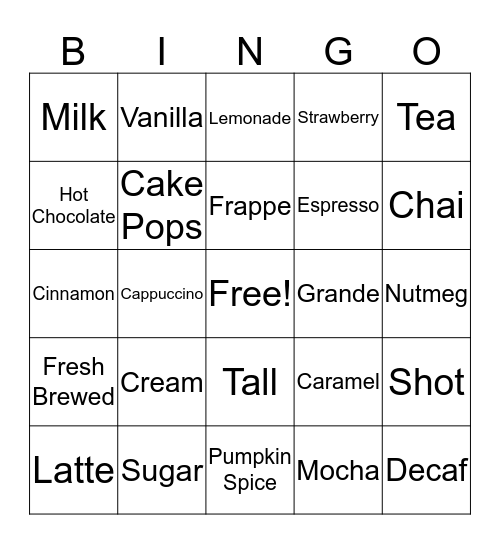 Starbucks Bingo Card