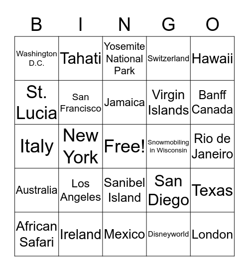 Great places to go! Bingo Card