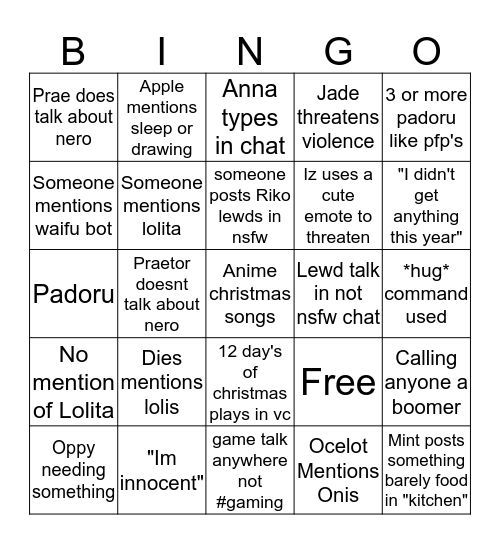 Yandere & Lolita Bingo Bango Bingo Card