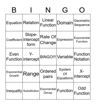 Algebra Bingo Card