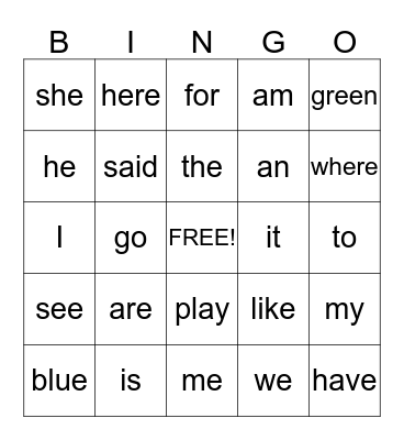 Sight Words Bingo Card