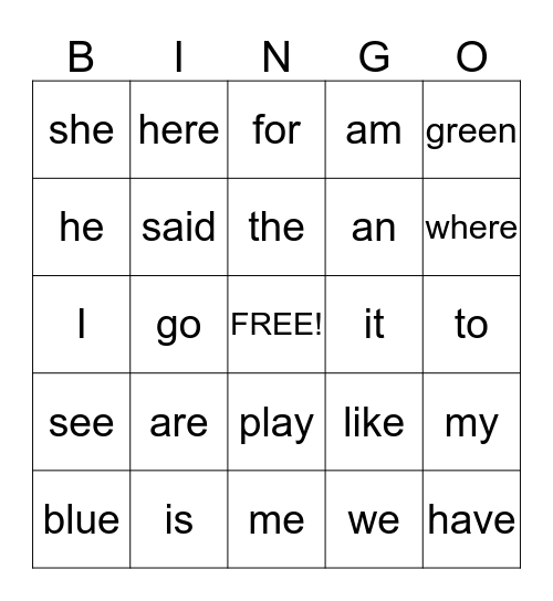 Sight Words Bingo Card