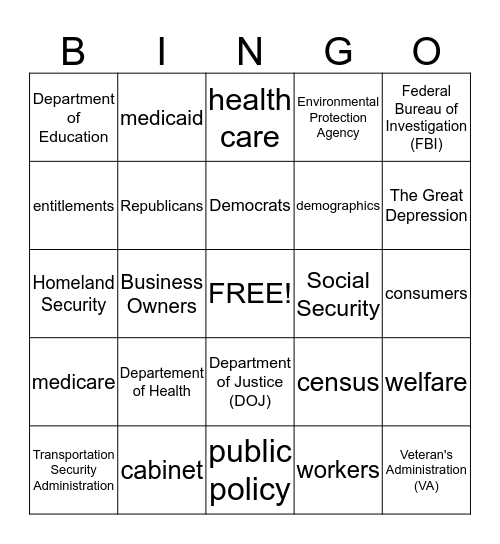 Public Policy Bingo Card