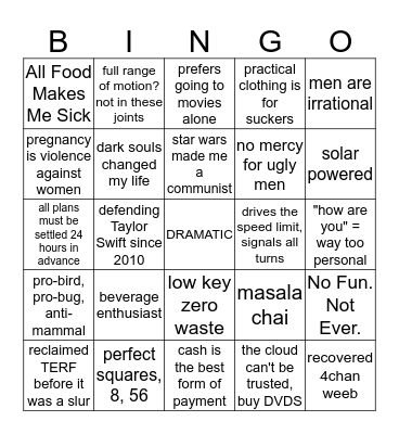 sithbich Extremely Un-relatable bingo Card