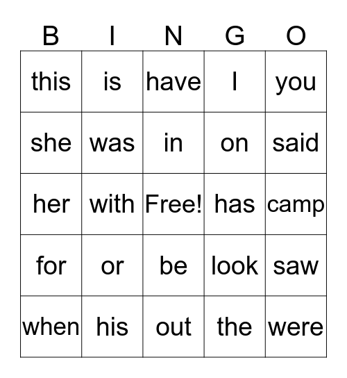 Sight Words Bingo Card