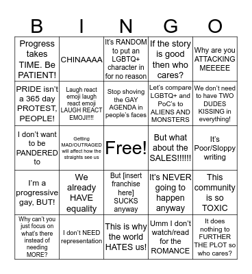 Excuses Against LGBTQ+ Representation Bingo Card