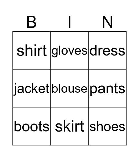 My clothes Bingo Card