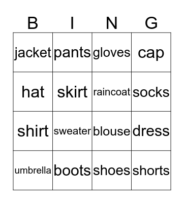 My clothes Bingo Card