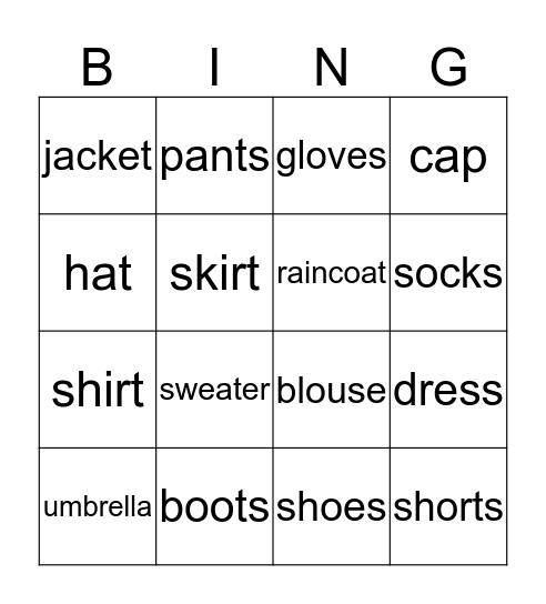 My clothes Bingo Card