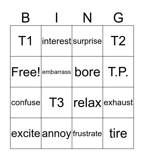 verb to past/present participle Bingo Card