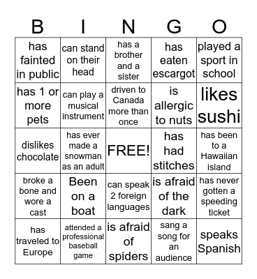 Ward Social Bingo Card