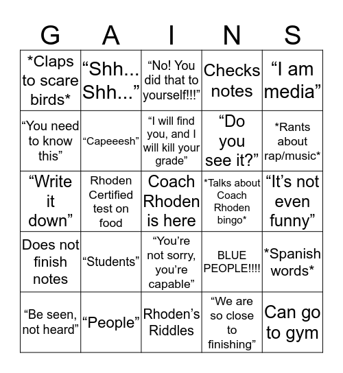 Coach Rhoden Bingo Card