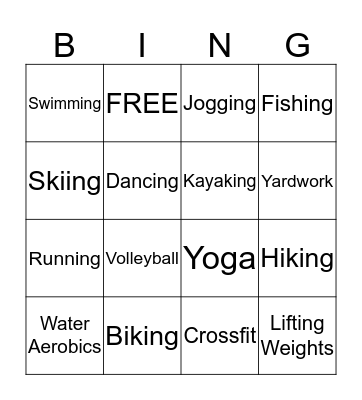 Physical Activity Bingo Card