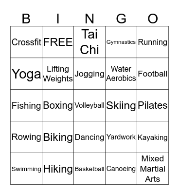 Physical Activity Bingo Card