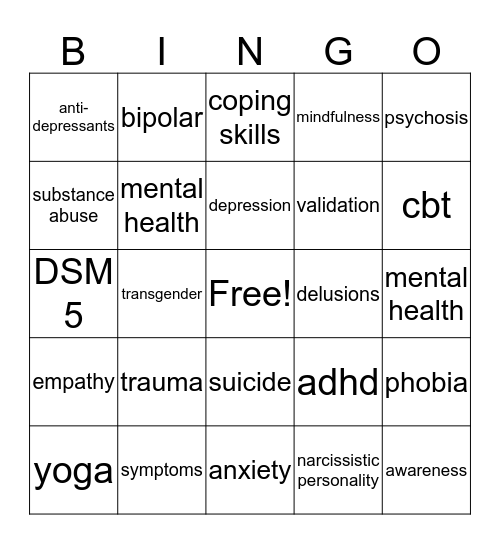 Mental Health Bingo Card