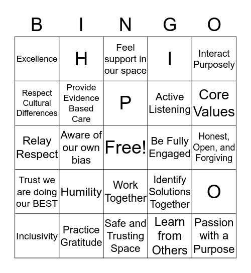 I-HOPE Core Values Bingo Card