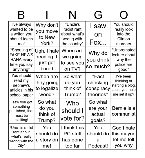 A Journalist's Family Holiday Bingo Card