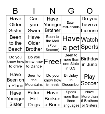 Ice-Breaker Scavenger Hunt Bingo Card