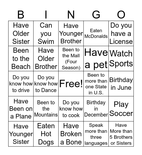 Ice-Breaker Scavenger Hunt Bingo Card