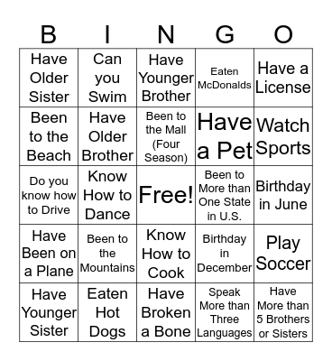 Ice-Breaker Scavenger Hunt Bingo Card