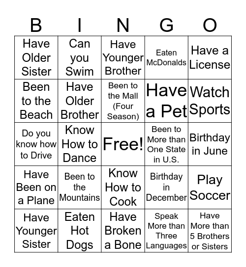 Ice-Breaker Scavenger Hunt Bingo Card