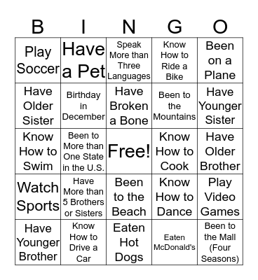 Ice-Breaker Scavenger Hunt Bingo Card