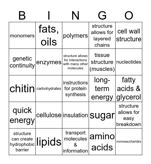 Macromolecule Bingo Card