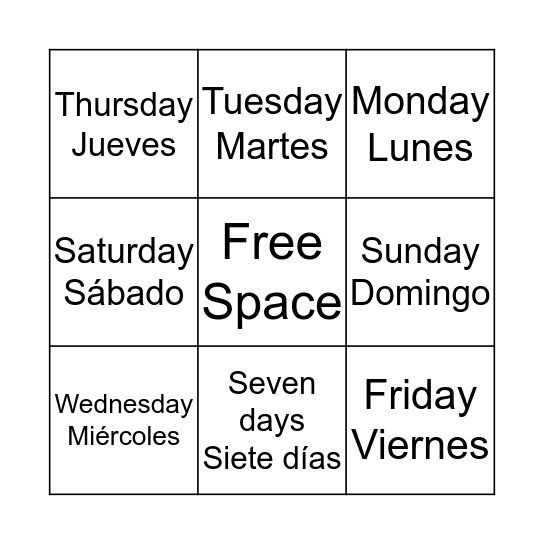 Days of the week Bingo Card