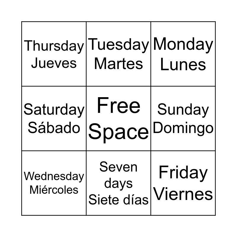 Days of The Week Spanish Bingo Card