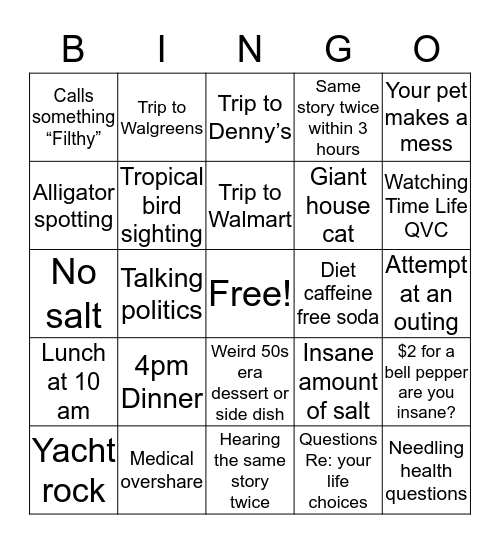 Visiting your parents or grandparents in Sun City Bingo Card