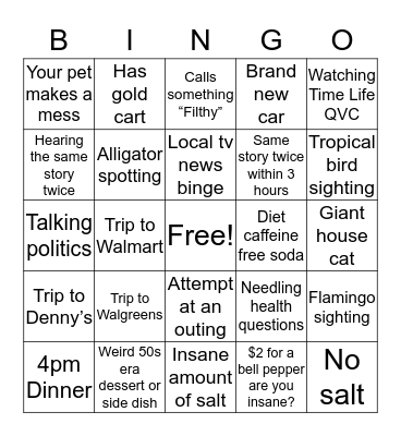Visiting your parents or grandparents in Sun City Bingo Card
