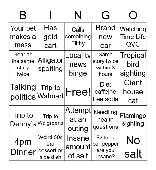 Visiting your parents or grandparents in Sun City Bingo Card