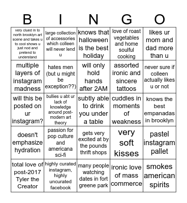 Dating/Being Friends with Colleen Bingo Card