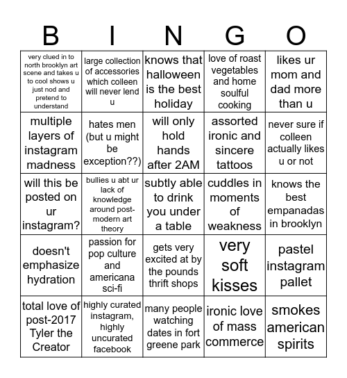 Dating/Being Friends with Colleen Bingo Card