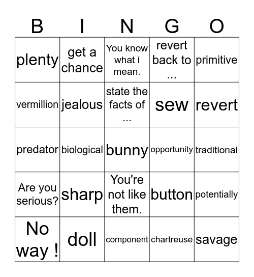 Vocabulary Bingo Card