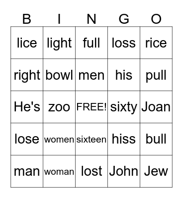 Minimal Pairs Bingo Card