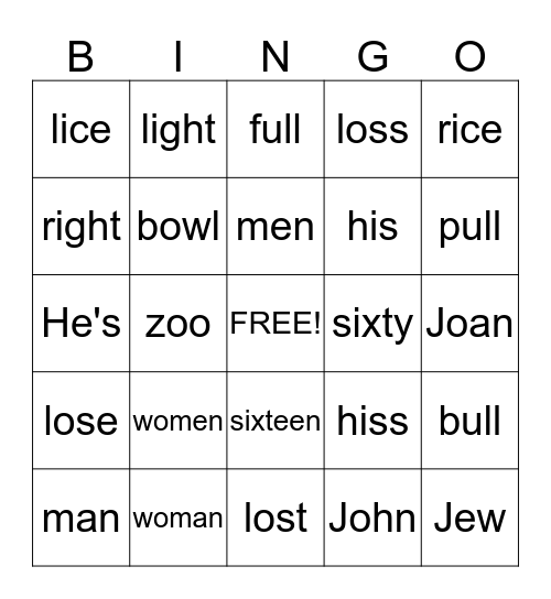 Minimal Pairs Bingo Card