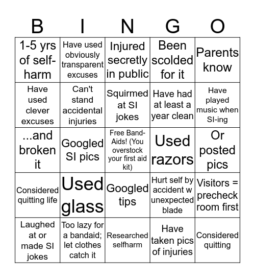 Selfharm Bingo Card